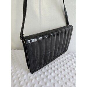 Black Vintage Eel Skin Purse Lined Genuine Patent Leather Shoulder Bag Pockets